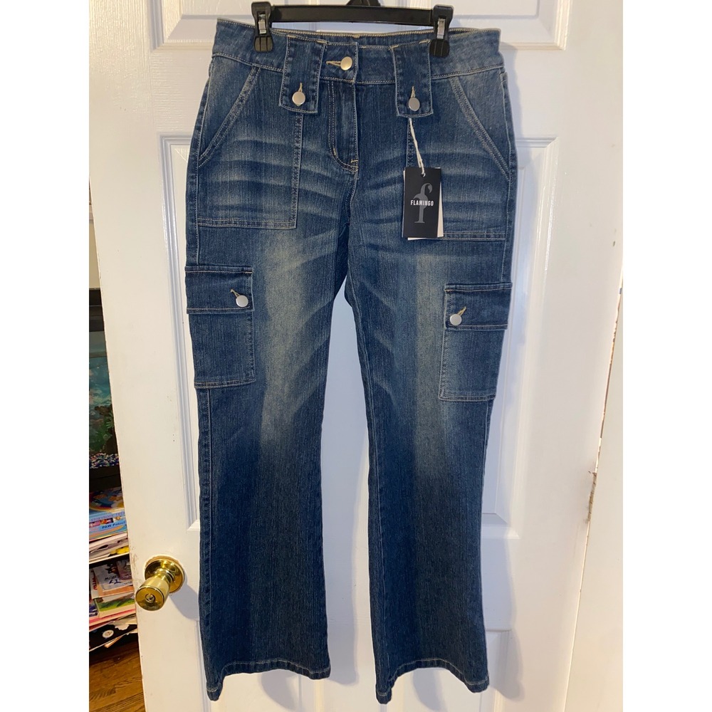 Flamingo Womens Cargo Jeans Bootcut Utility Pants Medium Wash Size Small NWT